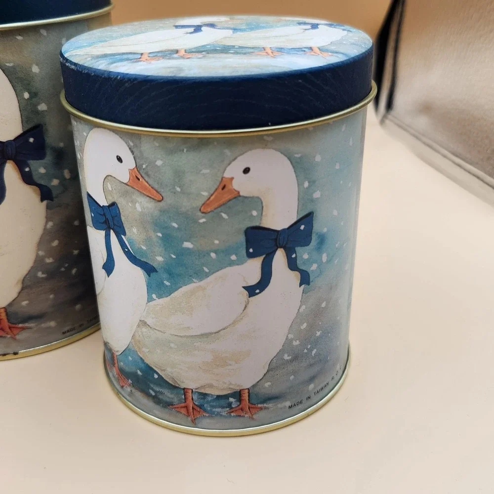 3pc Vintage Blue Ribbon Country Goose Nesting Tin Canisters Cottagecore Granny